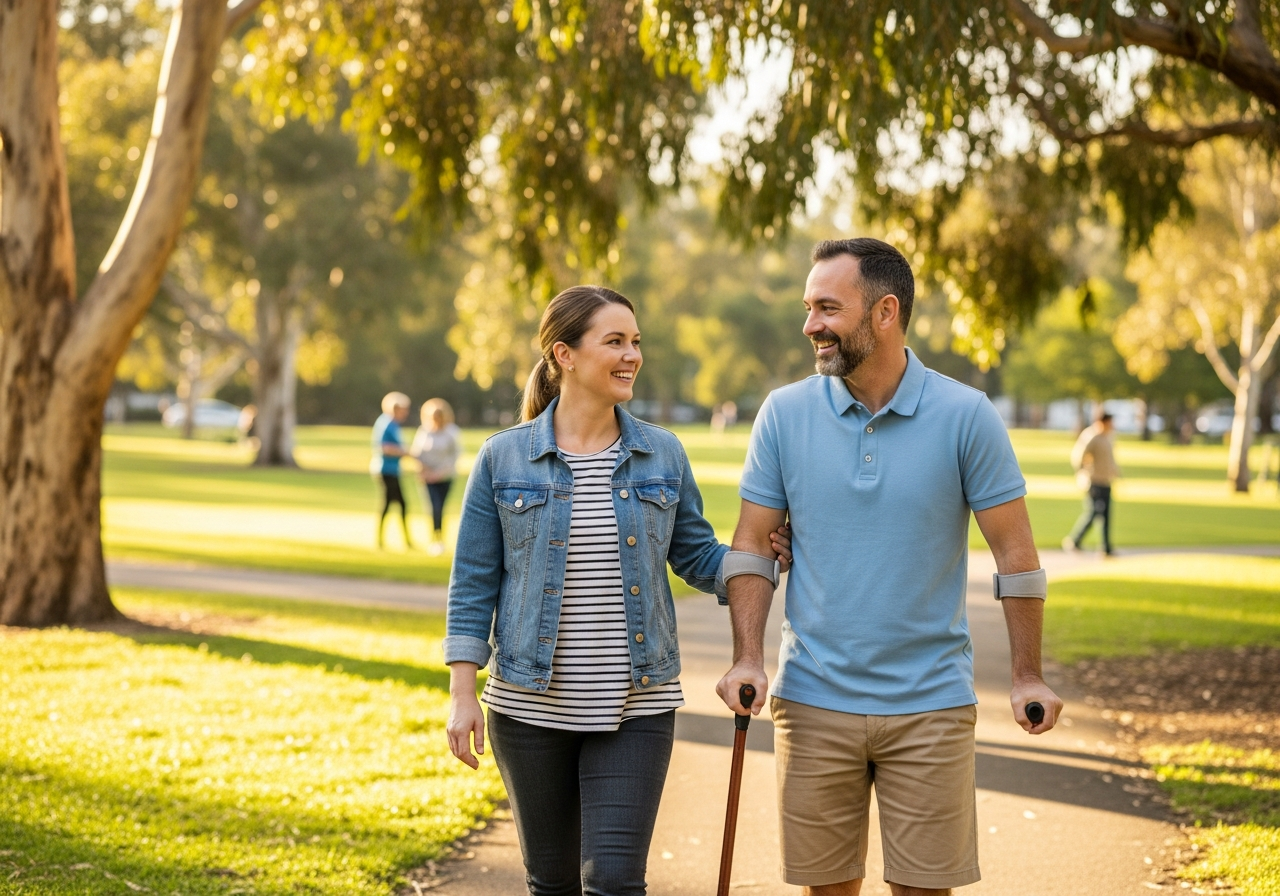 Support worker walking alongside a participant outdoors