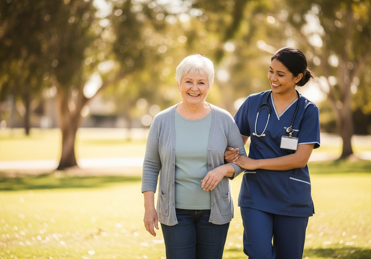 Support worker and NDIS participant smiling while walking outdoors
